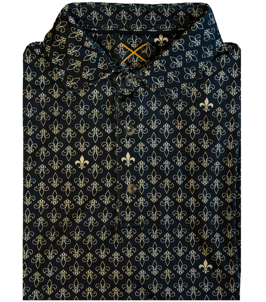 Black & Gold Fleur De Lis Printed Polo